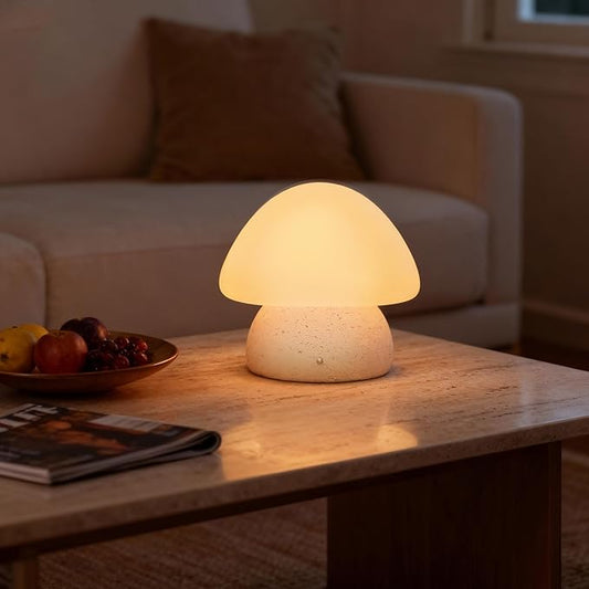 Mushroom Lamp, Cute Cordless Rechargeable Table Lamp with Glass Shade, 3 Color Temps LED Dimmable Ambient Lighting, Small Retro Touch Bedside Light for Decor, Resin Base.