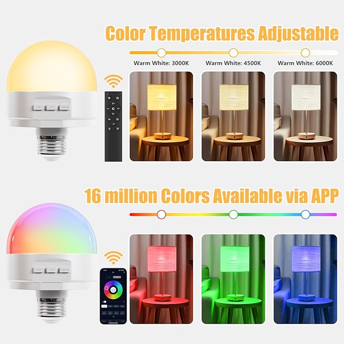 E26 2.4Ghz Rechargeable Light Bulb with Remote Control,Battery Operated Light Bulb for Sconces and Lamps, E26 Detachable Charging for Non-Hardwired Fixture,Dimmable 3000K-6500K RGBWW,1Pack