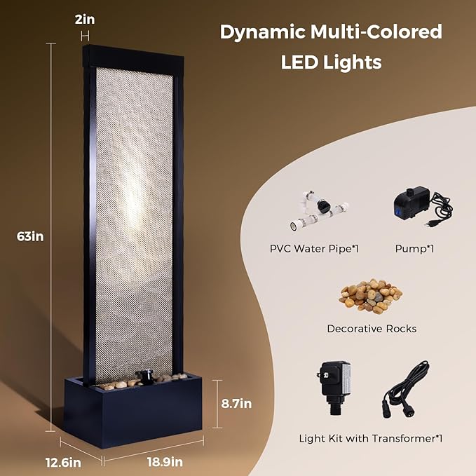 Mesh Panel Waterfall Fountain, Large Indoor Water Feature with Stones & Light, 64" Floor Standing Water Wall for Home Decor, Living Room, Patio, Outdoor Garden