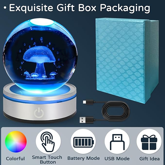 3D Crystal Ball Night Light with LED Colorful Touch Lighting Base - 3.15 In Mushroom Figurine Glass Sphere Lamp for Birthday, Christmas, Cute Home Decor Gifts for Kids, Teens, Women