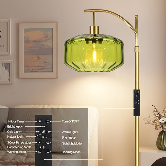 Gold Floor Lamps for Living Room Vintage Floor Lamp with Remote Control & Green Glass Lampshape,Dimmable Floor Lamp Mid Century Modern Standing Lamp Brass Tall Floor Lamps for Bedroom Corner
