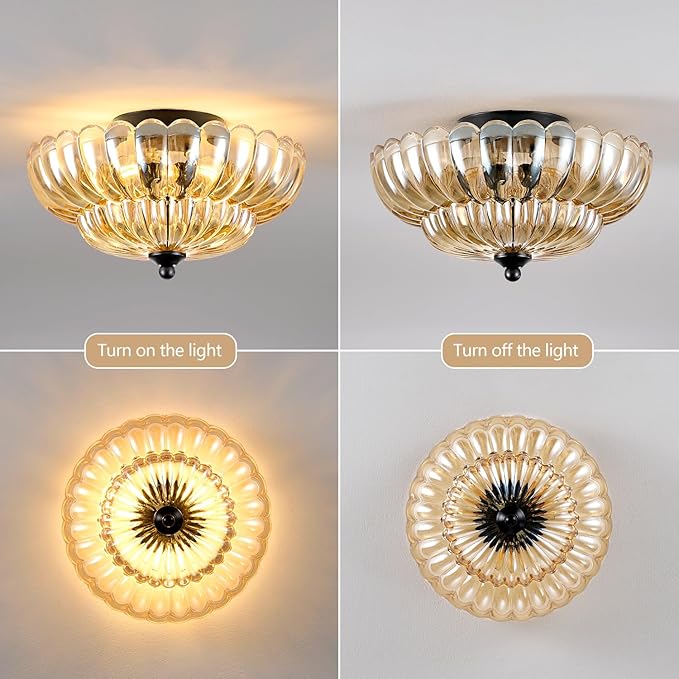 Modern Black Ceiling Light Fixture, 12" Amber Glass Flush Mount Chandeliers, Semi Flush Mount Ceiling Light Fixture Suitable for Living Room Hallway Kitchen Bedroom