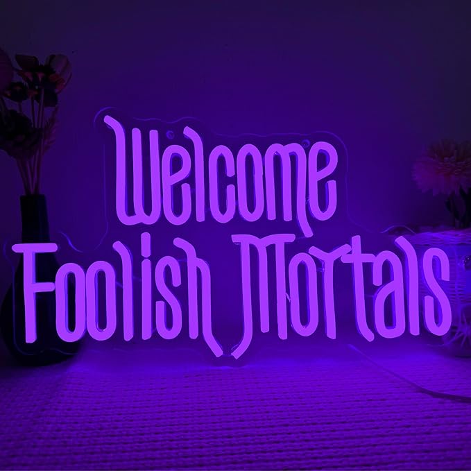 Welcome Foolish Mortals Neon Sign, Anime Fans Neon Light Spooky Gothic Haunted Mansion LED Coffin Decor USB Powered, for Horror Party Haunted House Man Cave Home Room Themed Bars(16.1 * 9.4 In)