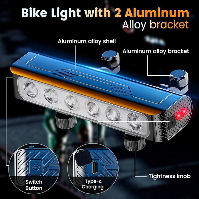 2025 New 4800 Lumens Super Bright Bike Light Taillight for Night Riding,6 LED 8000 mAh Rechargeable Bicycle Headlight Runtime 72+hr,10 Mode,2 Set Aluminum Bracket,Waterproof Bike Headlight for Cycling