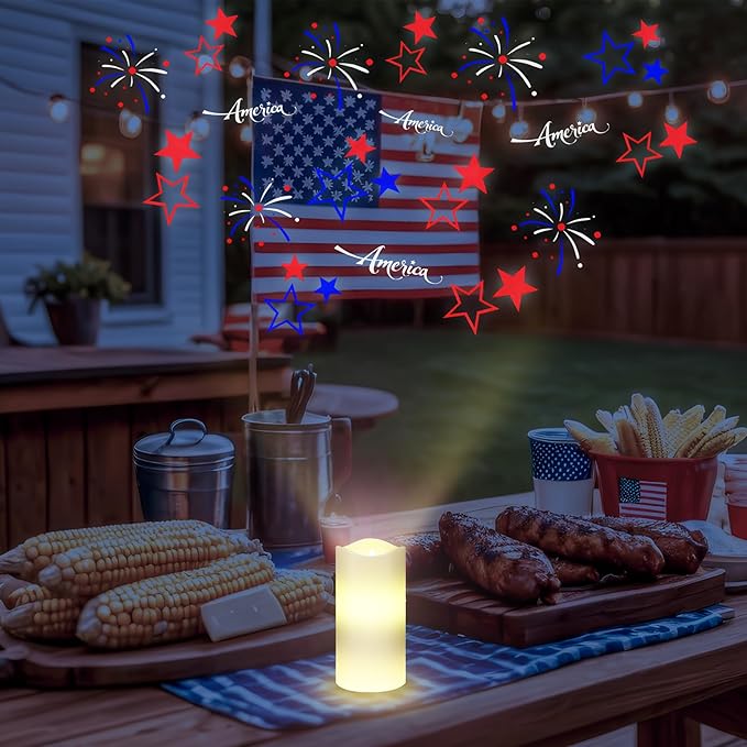 4th of July Flameless Candle Patriotic Projector Light USA 250th Anniversary Decoration LED Candle Battery Operated Night Light with Remote Timer Independence Day Memorial Red White Blue Table Decor