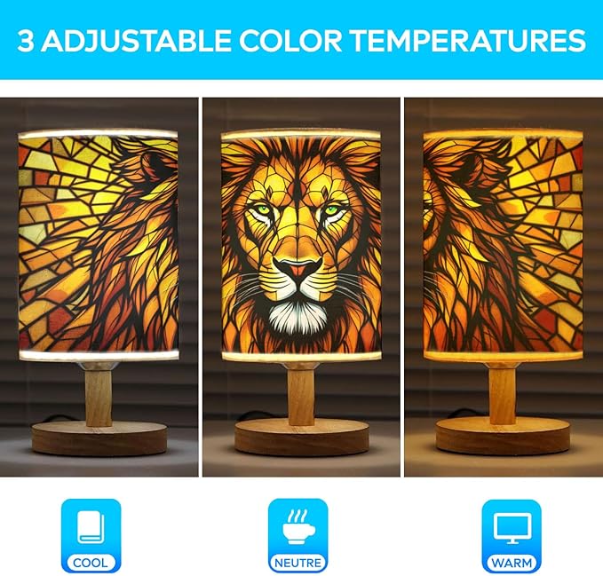 Lion Table Lamp LED 3-Color Pressed Bedside, Lion Shade Lamp with Wood Base for Bedroom Living Room Desk Office TL01