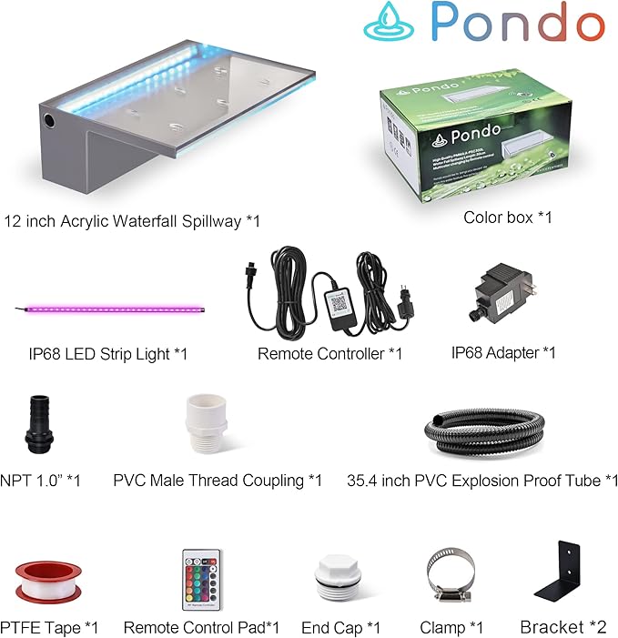 12'' APP Control Waterfall Spillway with RGB LED Lights, Acrylic Pond Fountain Set for Outdoor Decorations, Patio Pool Kit on The Wall for Garden w/16 Color Changing, Easy Installation