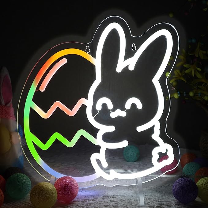 Easter Neon Lights, Bunny and Egg lights, Multicolor Lights with Dynamic Effect Neon Sign, Remote Control Sign USB Powered, Home Decorations Indoor for Party Wall Window Table Easter Decor