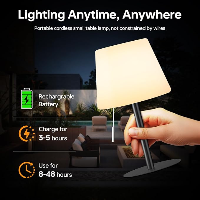 Shower Lamp Battery Operated Outdoor Table Lamps Cordless Waterproof LED Dimmable Warm White and RGB Table Lamps Rechargeable Lamp Outdoor Lamps for Patio/Bathroom（Black）