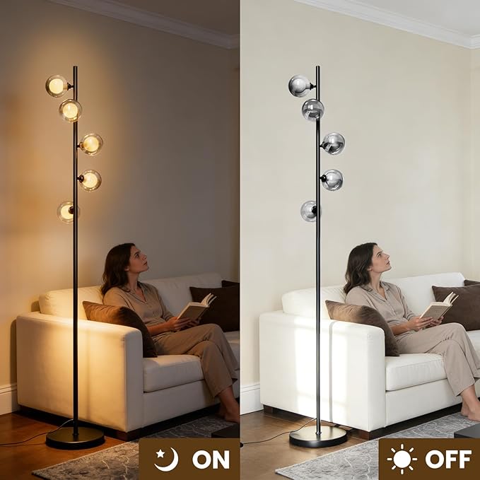 Mid Century Modern Floor Lamp, 5-Light Glass Globe Tall Standing Tree Lamp, Smoked Double-Glass Shades, 3 Color Temp G9 Bulbs Included, 1800LM Bright Corner Light for Living Room, Bedroom