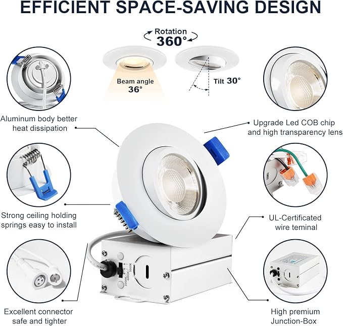 Sublimation 3 Inch led recessed Light 1 Packs,Waterproof recessed Lights for Shower，Ultra-Thin 10w with Junction Box,3 Colors Adjustable,Suitable for Bathroom,Parlor,Bedroom,Kitchen,Balcony