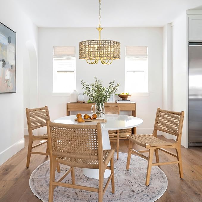 6-Light Large Woven Rattan Chandelier, 17.7'' Boho Pendant Light Gold Drum Hanging Light Fixture, Coastal Handwoven Wicker Chandeliers for Dining Room Living Room Kitchen Hallway