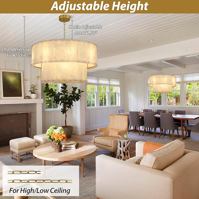 Alabaster Chandelier D32in Spanish Natural Marble Round Chandeliers, 2 Tiers Alabaster Pendant Light,Modern Living Room Chandelier, Dimmable Gold Chandeliers for Dining Room,Bedroom,Bathroom,Entryway