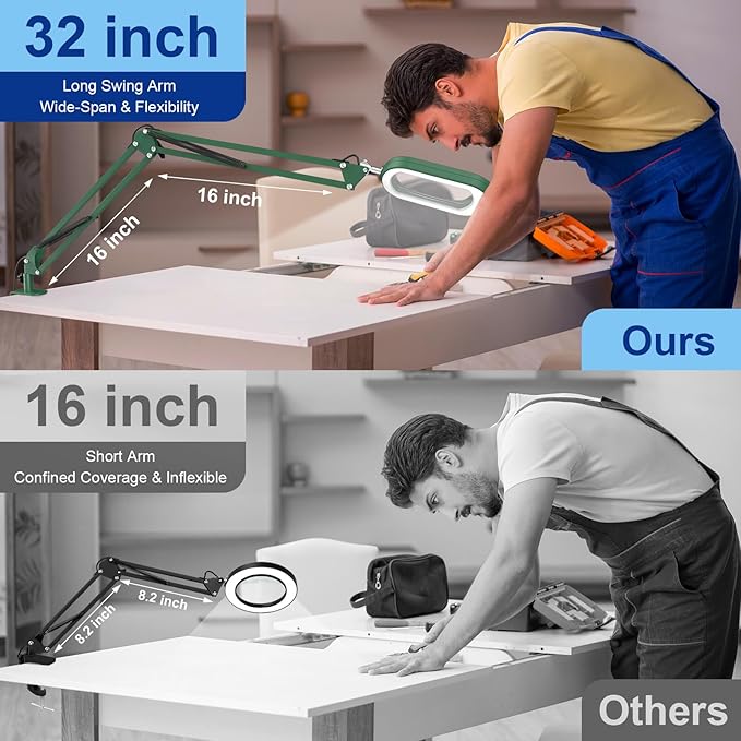 10X Extra Long Magnifying Glass with Light and Clamp, Real Glass, 5 Color Modes, Stepless Dimmable, Dual 16-inch Swing Arm, Lighted Magnifier Hands Free for Close Work, Craft, Reading, Painting, Green