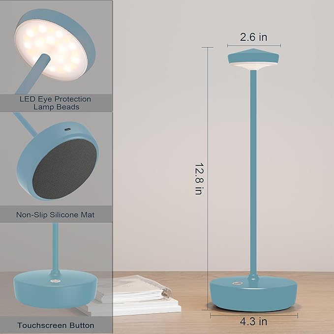 Cordless LED Table Lamp,Rechargeable 5000mAh Battery - Touch Control 3-Level Brightness, Portable Metal IP54 Waterproof for Patio, Restaurant, Cafe(2P Blue)