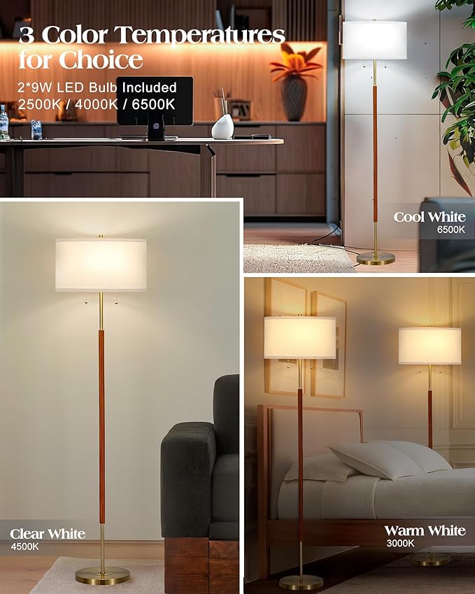ELYONA 2-Light Wood Floor Lamp for Bedroom Mid Century Modern Standing Lamp White Fabric Shade Tall Pole Corner Light for Living Room Office 3 Color Temperatures 9W LED Bulbs Include, Brushed Brass