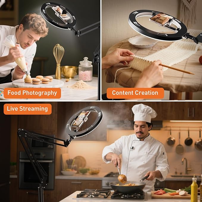 Ring Light Tripod for iPhone Overhead Camera Mount with Casters, LUXSURE Ring Light with Stand and Phone Holder for Video Recording, Phone Tripod with Light for Live Streaming,Cooking