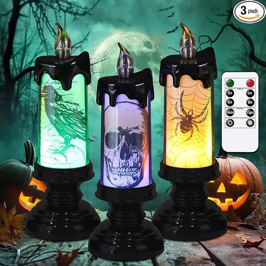 DRomance Halloween Flameless Flickering Candle Lights with Remote Timer, Battery Operated LED Candle Lamp Spooky Skull Crow Spider Decals and Lights Indoor Decor(3 Pack, 2.8" D x 7.8" H)