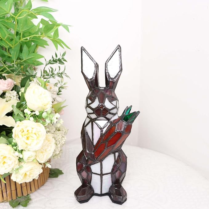 Bieye L10946 Rabbit Holds Carrot Tiffany Style Stained Glass Accent Table Lamp for Home Decor (Red)