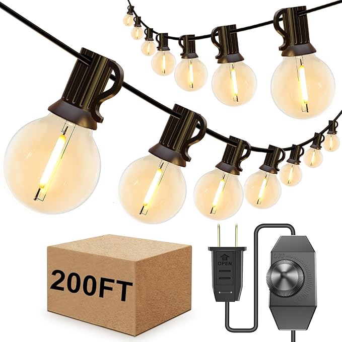 IKERY 200FT Outdoor String Lights for Backyard Porch, 106 Shatterproof Waterproof LED Bulbs, Dimmable, E12 Base