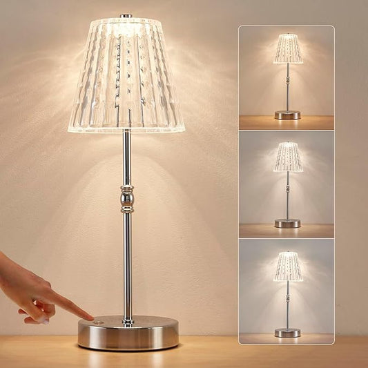 Cordless Table Lamp, 5000mAh Rechargeable Battery Operated Portable Lamp, Dimmable+3 Colors LED Touch Control, Vintage Crystal Lamp for Bedroom, Kitchen, Bar, Office