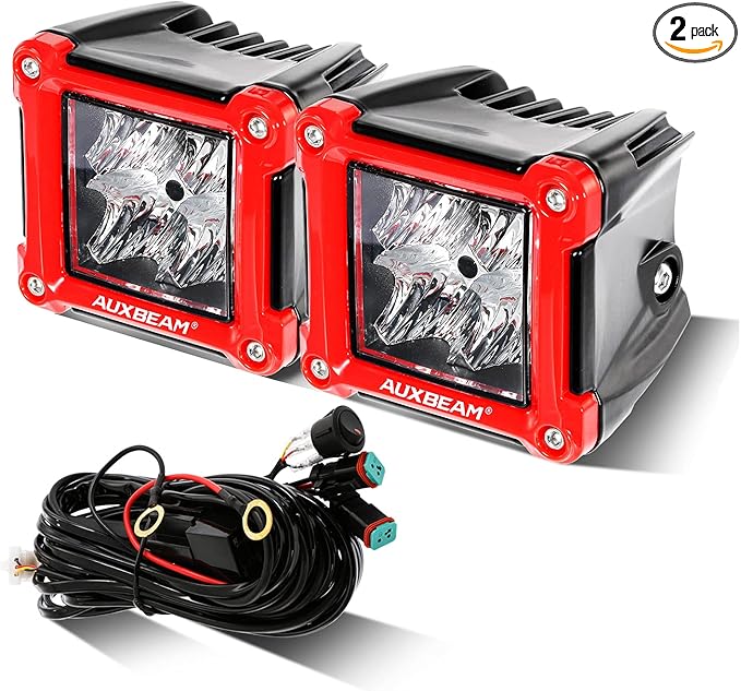 Auxbeam FA Series Flood Beam 3 Inch 40W Cube LED Pods, Red Shell Ditch Light Bar 4800LM, Off-Road Driving Hood Lights for 4WD Jeep Wrangler Ford F-150 Bronco, Pair