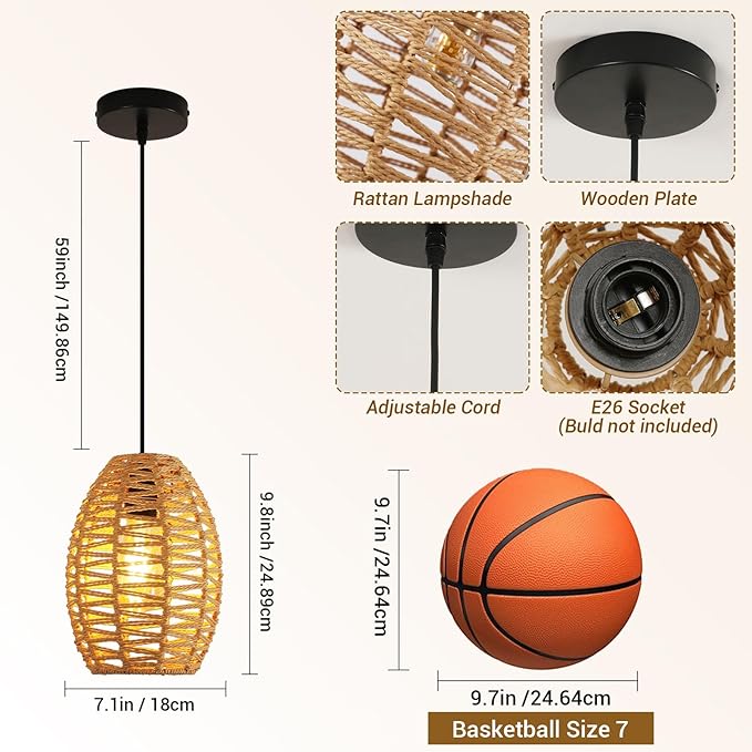 DELIPOP Pendant Light, Hand-Woven Rattan Chandelier, Boho Hanging Light with Adjustable Cord 4.9ft for Living Room, Dining Room, Kitchen, Bedroom (Black & Brown)
