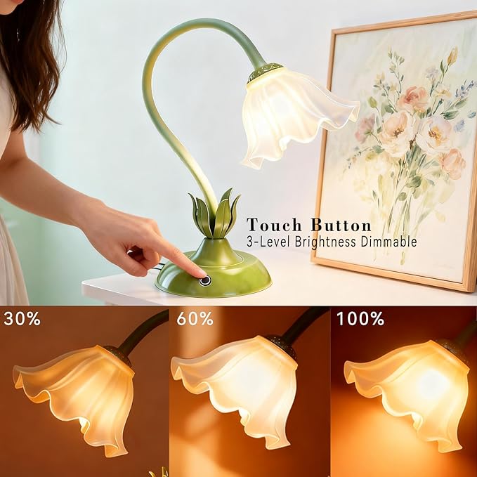 Cordless Flower Table Lamp Green, Valentine‘s Gift, 5200-mAh Rechargeable Touch Lamp, 3-Way Dimmable, Build-in Integrated LED 320 Lumen Max, for Nightstand Bedroom Living Room