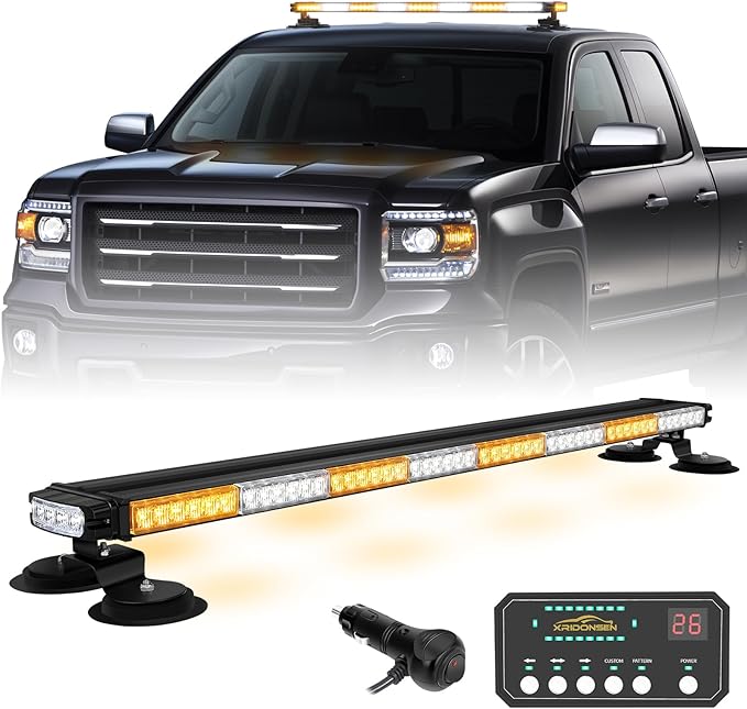 XRIDONSEN 37" 104 LED Roof Top Strobe Light Bar Amber White Emergency Traffic Advisor Lights Double Side Warning Safety Flashing w/Magnetic Mount for Construction Vehicles Plow Trucks Pickup Wrecker