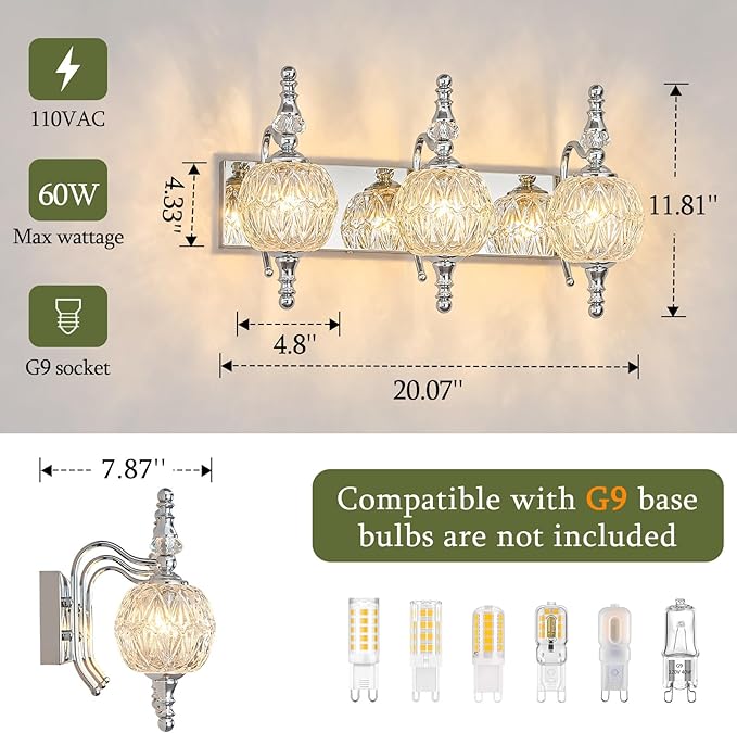 Modern Crystal Bathroom Vanity Lights Fixtures Over Mirror Chrome Vintage 3-Lights 20 Inch Bathroom Light Fixtures Glass Crystal Vanity Lights