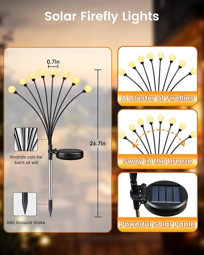 OZS 12 Pack Total 96 LED Solar Garden Lights Fairy Outdoor - Solar Firefly Lights Outdoor, Sway by Wind, Waterproof for Garden Patio Pathway Fairy Decoration (Warm White)