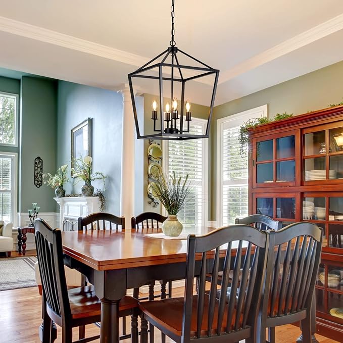 15.75" Black Farmhouse Chandelier for Dining Room, 4-Light Lantern Pendant Light Fixture Industrial Vintage Iron Cage Hanging Light for Entryway Kitchen Island Foyer