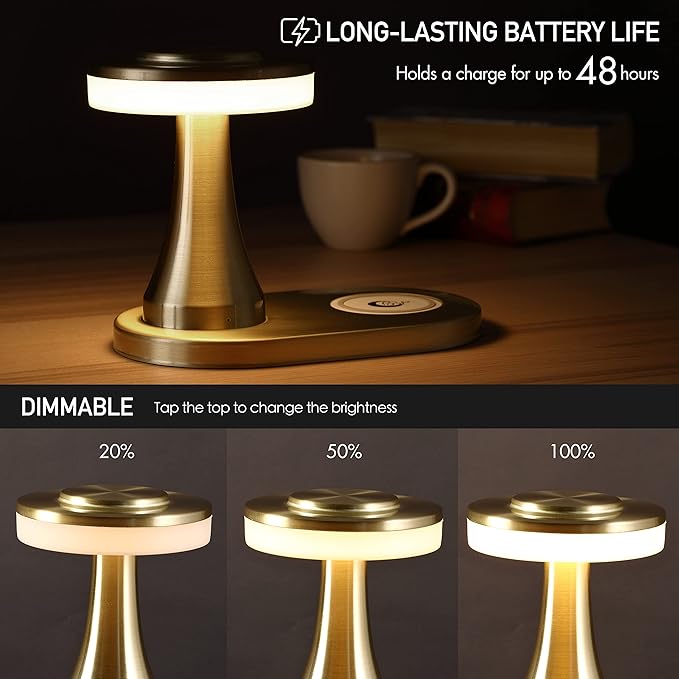 O’Bright - Portable LED Table Lamp with Wireless Charging Pad, Dimmable and Rechargeable Night Lamp, Ambient Light for Patio/Restaurant/Nursery, Bedside Nightstand Lamp, Gold