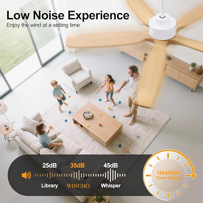 WINGBO 54" Ceiling Fan with Light - 5 Carved Solid Wood Blades, 6-Speed Reversible DC Motor, Dimmable, 3CCT, Noiseless Remote Control Ceiling Fans with Lights for Bedroom Living Room, White and Oak