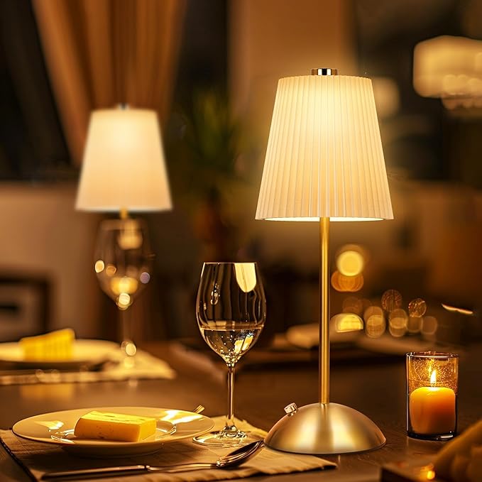 FRIDEKO HOME Rechargeable Table Lamp Gold - Cordless Battery Operated Lamp, Fabric Shade Desk Lamp, Wireless Lamp for Decor Bedroom Dining Table Counter (2pcs-Hard Fabric-LED-11.65in)