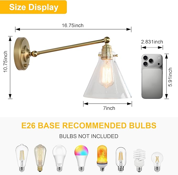 Industrial Vintage Slope Pole Wall Mount Single Sconce with Funnel Flared Clear Glass Shade, Swing Arm Wall Sconce Light Lamp Fixture Hardwired
