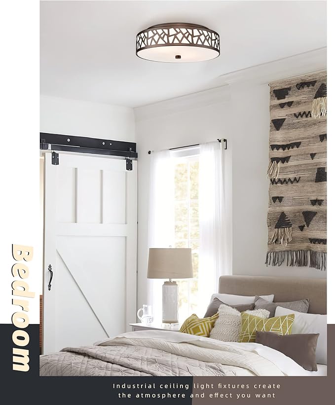 2 PK Flush Mount Ceiling Light Fixture, 12 Inch Ceiling Light Fixtures with Frosted Glass Shade, 2 - Bulb Oil Rubbed Bronze Light Fixtures Ceiling Mount for Bedroom, Hallway, Kitchen, Bathroom