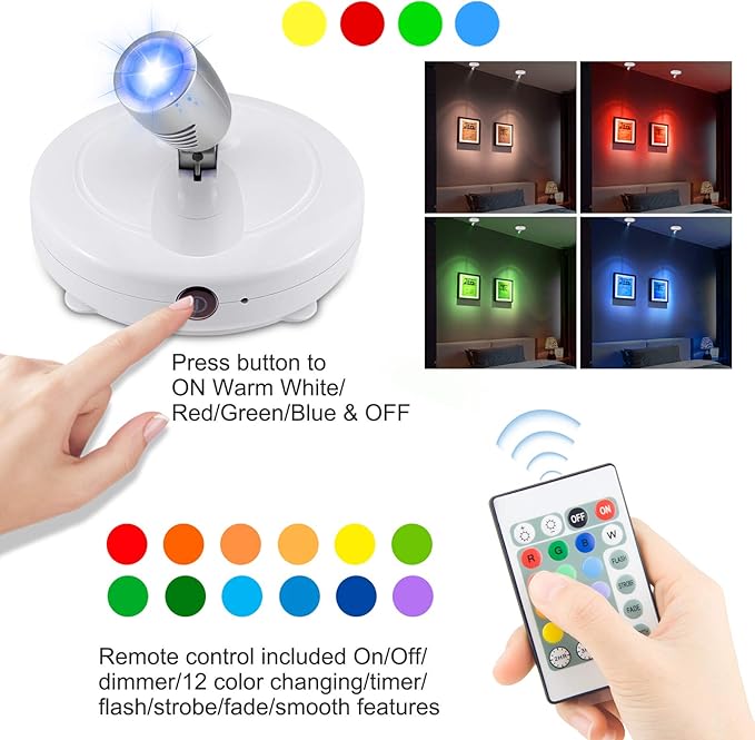 BIGMONAT LED Spotlight for Pictures Battery Operated, Dimmable Uplight with Remote and Timer for Art Painting, Color Changing Accent Lighing for Tree Plant Dart Board, 2Pack