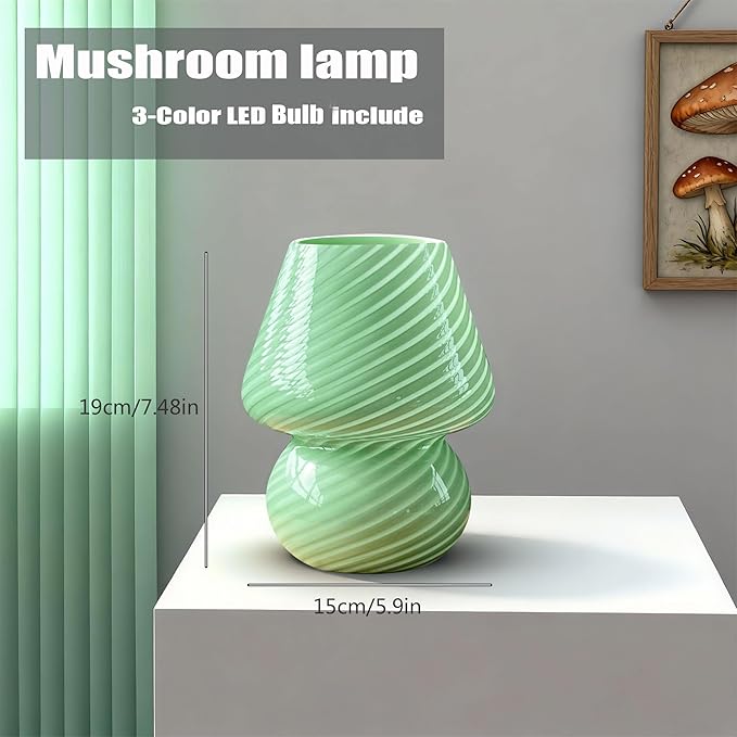 jonong Bedside Lamp Glass Striped Mushroom Table Lamp with 3 Color Modes LED Small Decorative Table Lamp for Gift Present,Suit for Bedroom, Living Room, Home Decor, Baby, Kids, Women (Green)