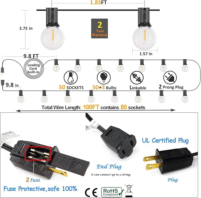 100FT LED String Lights Outdoor Waterproof G40 Globe String Lights with 52 Shatterproof Bulbs(2 Extra), Dimmable Connectable Patio Lights String for Hanging Bistro Backyard Gazebo Lights