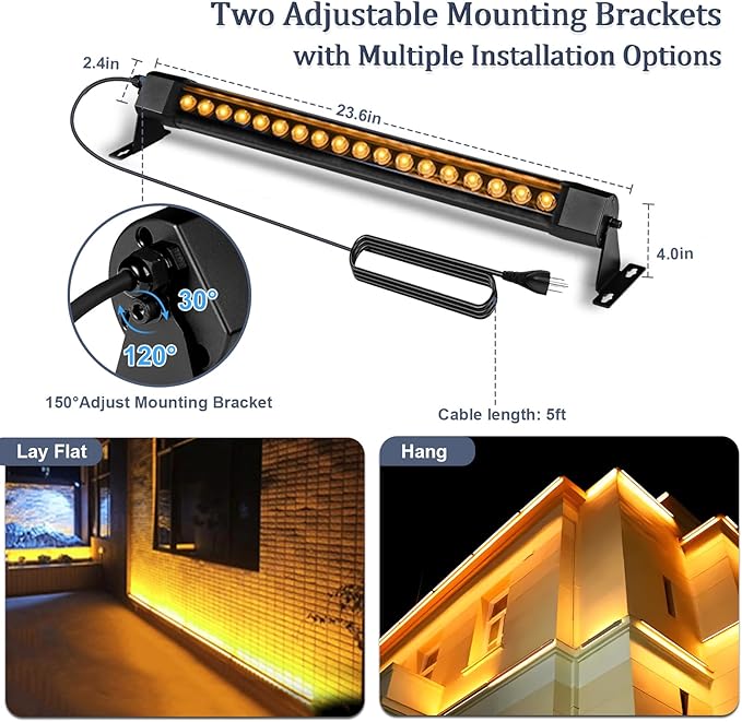 2 pcs Waterproof IP67 Wall Washer Light - 36W Upgraded LED Light Bar, 2ft Warm White (2700K), for Building Walls, Yard, Church, Batting Cage, Plug-in Outdoor Lighting