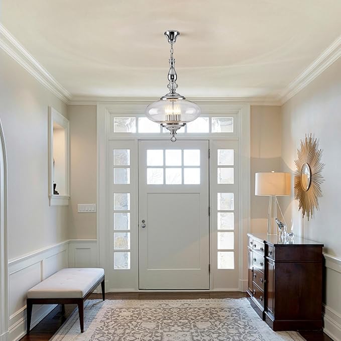 5 Light Chrome Chandelier Modern Glass Large Pendant Light H 27.5" x W 15.7" for Kitchen Island, Dining Room, Stairwells, Hallway. E12 Bulb