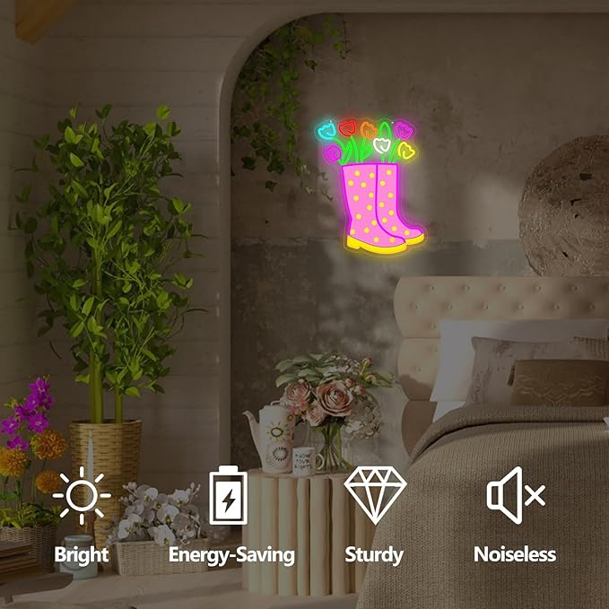 Spring Tulips Rain Boots Neon Sign Dimmable Flower Neon Lights Polka Dot Boot Tulip Light Up Sign Easter Led Wall Art Spring Decorations for Office Home Garden