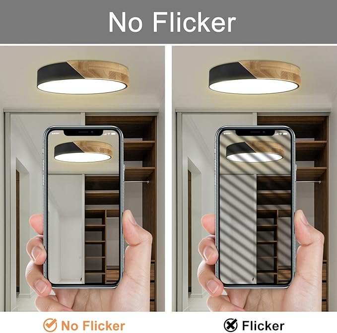 Led Ceiling Light Flush Mount: 12 Inch 24W Bedroom Light Fixture with Round Wood Modern Black Flat Overhead Minimalist Ceiling Lamps for Kitchen Hallway Laundry Warm White 3000K, Not Dimmable