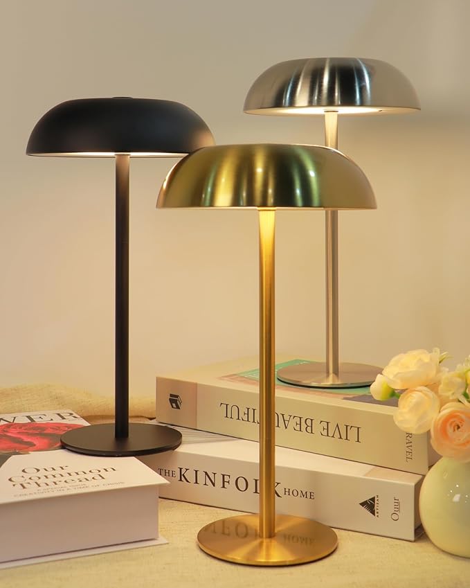 Portable Mushroom Table Lamp with 5200mAh Battery, 11'' Cordless LED Night Light with Stepless Dimming, 3 Color Modes & Adjustable Height for Bedroom/Patio/Bar Decor/Coffee Shop Ambiance (Silver-tall)