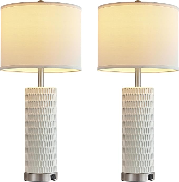 26.5" Ceramic Table Lamp Set of 2, 3 Way Dimmable Touch Control Table Lamp with 2 USB Charging Ports for Bedroom Living Room, Modern Nightstand Lamp End Table Lamps, Bulbs Included