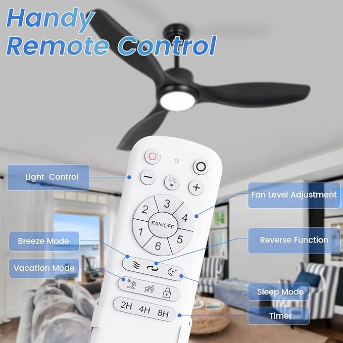 Modern Ceiling Fan with Light, 52 inch, 3 Color Temperature, 6 Speed, DC Motor, for Bedroom/Outdoor/Patios, Black