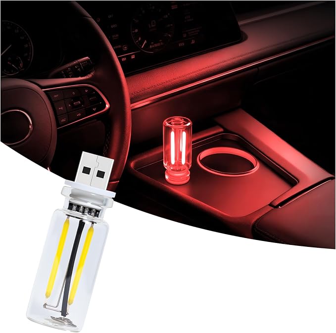 Car USB Night Light Touch Dimmable - 1-Pack Retro LED Filament Lamp for Truck Interior, Bedroom & Camping | Glass Bottle Ambiance Lighting (Red)