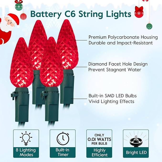 C6 LED Christmas String Lights, 2PC 60 LED 20FT Battery Operated Strawberry Lights, Waterproof 8 Lighting Modes Fairy Lights for Indoor Outdoor Patio Garden Party X-mas Decoration (Red)