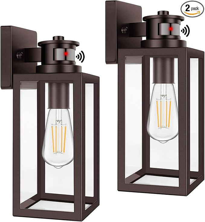 TOBUSA 2-Pack Motion Sensor Outdoor Wall Lights, Waterproof Dusk to Dawn Exterior Wall Light Fixtures, Modern Brown Outside Porch Lights for House Garage, Motion Sensor Wall Lanterns with Clear Glass